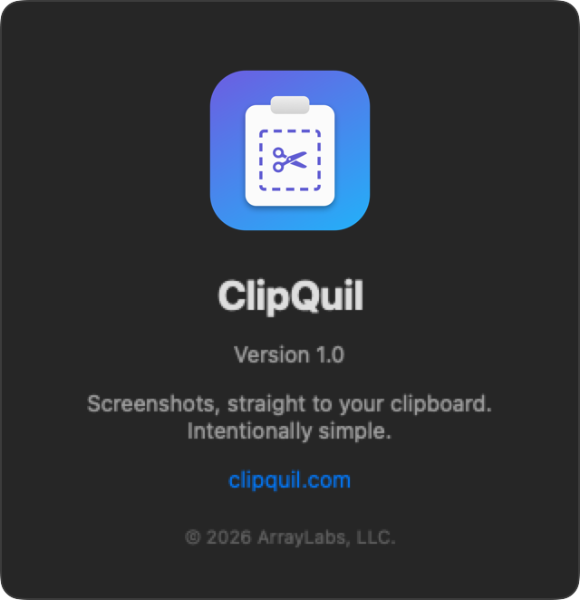 The ClipQuil About window